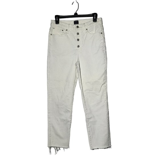 J Crew High Rise Vintage Straight Button Fly Raw Hem White Denim Jeans Womens 29 - Picture 1 of 11